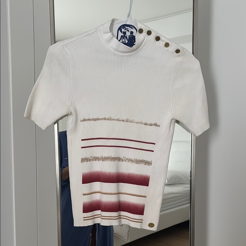 CHANEL White and Red Crew Neck Sweater